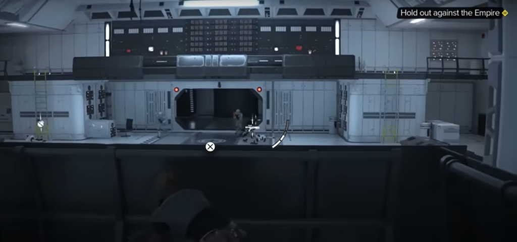 Gameplay screenshot from Star Wars Outlaws showing immersive environment and action