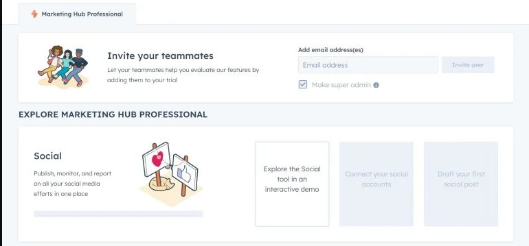 HubSpot Marketing Hub email marketing interface and social media management tool screenshot