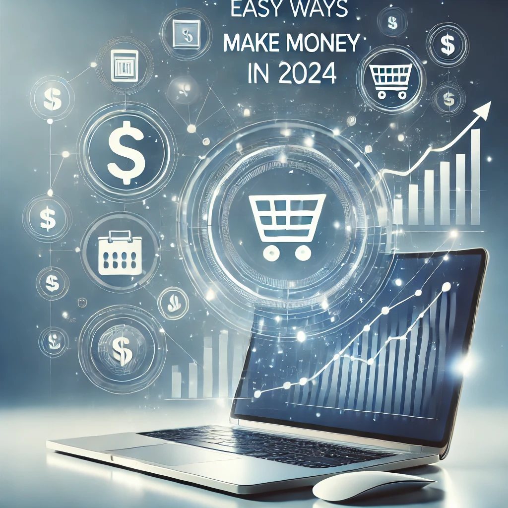 Eye-catching banner with a laptop and digital icons representing easy ways to make money online in 2024, including a dollar sign, shopping cart, and upward-trending graph