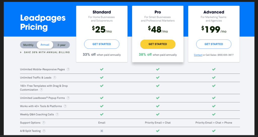 ## Pricing Plans in 2024

When considering **Leadpages** as your go-to tool for lead generation, understanding its pricing plans is essential for determining which option best fits your needs. As of 2024, Leadpages offers several pricing tiers, each designed to cater to different levels of use, from individual entrepreneurs to larger businesses. Here’s a breakdown of the current pricing plans:

| **Plan**            | **Monthly Price** | **Key Features**                                       |
|---------------------|------------------|-------------------------------------------------------|
| **Starter Plan**    | $27              | - 1 site, unlimited landing pages and pop-ups<br>- Email support<br>- Standard integrations  |
| **Professional Plan** | $59            | - Up to 3 sites<br>- A/B testing<br>- Email automation<br>- Priority support<br>- Additional integrations |
| **Advanced Plan**   | $199             | - Up to 50 sites<br>- Advanced integrations (CRM, etc.)<br>- Custom domain and subdomains<br>- Advanced reporting and analytics |

### Overview of Each Plan

- **Starter Plan**: Ideal for individuals or small businesses just starting with lead generation. It includes unlimited landing pages and pop-ups, allowing users to create as many lead capture forms as needed. However, email support is standard, so response times may vary.

- **Professional Plan**: This plan caters to growing businesses needing more features, such as A/B testing and email automation. It allows up to three sites, providing greater flexibility for users managing multiple brands or campaigns. The priority support feature ensures that any issues are addressed promptly.

- **Advanced Plan**: Designed for larger organizations, this plan supports up to 50 sites and includes advanced reporting and analytics. Users can take advantage of custom domains and advanced integrations, making it a comprehensive solution for complex marketing strategies.

### Value for Money

When assessing the value for money, it’s crucial to consider the features provided at each pricing level. While the **Starter Plan** is budget-friendly, the added functionalities in the **Professional** and **Advanced Plans** can significantly enhance your lead generation efforts, making them worthwhile investments for those who require more robust capabilities.

### Images to Consider Adding

1. **Pricing Table Screenshot**: Include a visual representation of the pricing table above to help users quickly compare the plans.

2. **User Interface Example**: A screenshot showcasing the Leadpages dashboard could illustrate the ease of use and features available to users.

3. **Case Study or Success Story**: An image depicting a success story or case study related to a specific pricing plan can enhance credibility and show real-world application.

In conclusion, the pricing plans for **Leadpages** in 2024 provide a range of options suitable for different users and their specific needs. By choosing the right plan, you can leverage the powerful features of Leadpages to convert visitors into leads effectively.