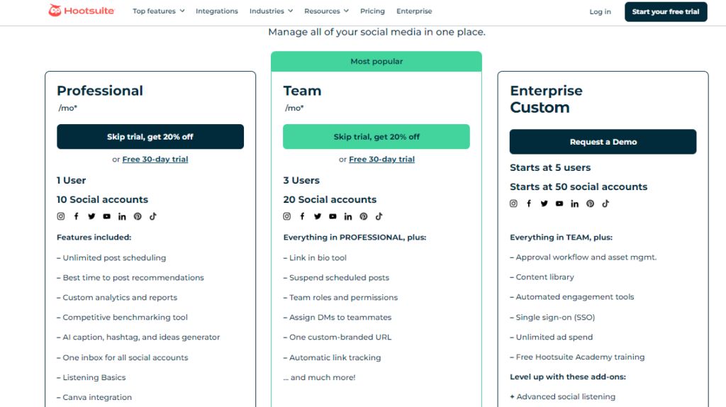 Hootsuite pricing plans