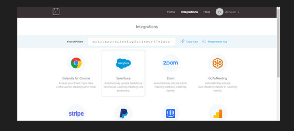 screenshot of the Calendly dashboard displaying the integration options
