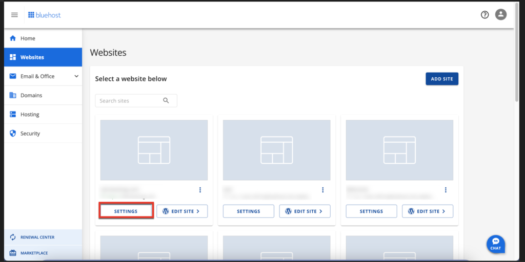 screenshot of the Bluehost dashboard