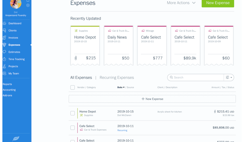 FreshBooks excels in expense tracking